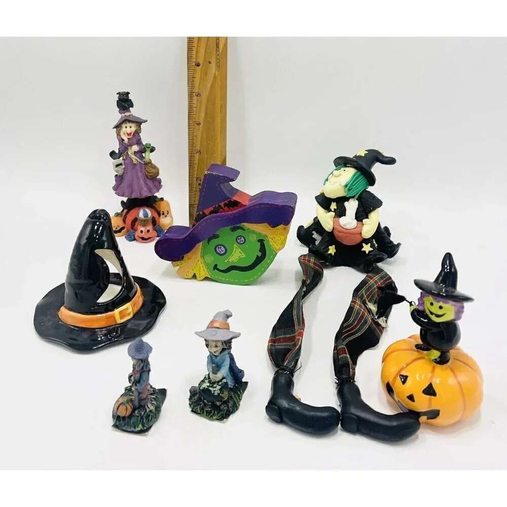 Lot Of 7 Witches Figurines Tealight Holder Hat Halloween Decor